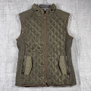 Sacha Pacha Quilted Vest Womens M Green Full Zip Brown Trim Pockets Equstrain